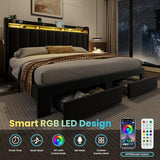SHA CERLIN Velvet King Size Bed Frame with Vertical Channel Tufted Wingback Headboard & 2 Storage Drawers/2-Tier Shelves with LED Lights & Charging Station/Noise-Free/No Box Spring Needed/Black SHA CERLIN