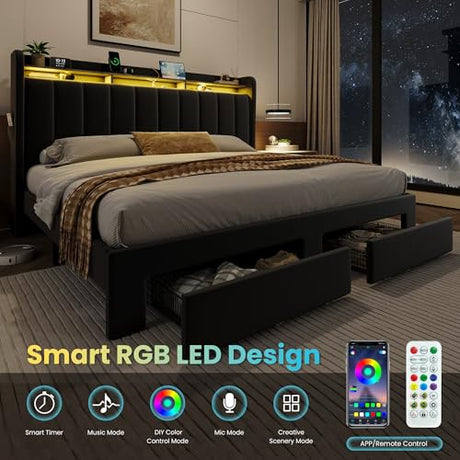 SHA CERLIN Velvet King Size Bed Frame with Vertical Channel Tufted Wingback Headboard & 2 Storage Drawers/2-Tier Shelves with LED Lights & Charging Station/Noise-Free/No Box Spring Needed/Black SHA CERLIN