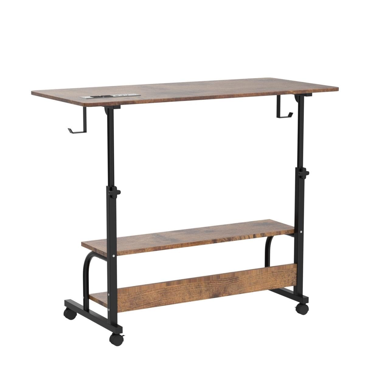 Height Adjustable Standing Desk with Power Outlets, 39" Manual Stand Up Desk with Storage Shelves Small Mobile Rolling Computer Desk Portable Laptop Table with Wheels for Home Office, Rustic - WoodArtSupply