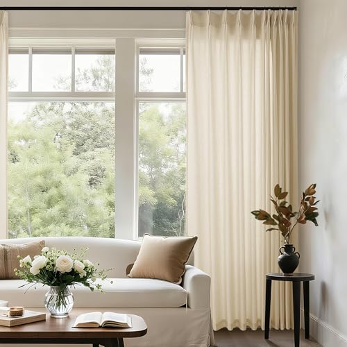 Beige Tan Linen 102 Inch Curtains 72 Inch Wide for Living Room Divider Privacy Pinch Pleated Drapes Hooks Rings Back Tab Farmhouse Light Filtering Extra Wide Sheer Curtains for Patio Balcony 72x102 DUKIYO