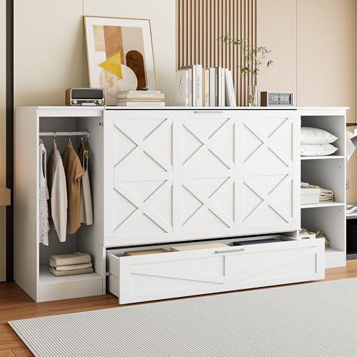 Ball & Cast Murphy Bed Twin Size Wall Chest with Bedside Shelves and Wardrobe,Wood Hideaway Cabinet Platform Bedframe w/Drawer & Bookcase,can be Folded,Space-Saving,for Small Room,Dorms,White Ball & Cast