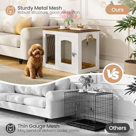CHOEZON Wooden 30.1" Dog Crate Furniture, Farmhouse Pet Cage End Table with Secure Lock, Ventilated Mesh for Medium Dogs, Dog Kennel Furniture for Living Room, Bedroom, White and Walnut MGW02WL CHOEZON