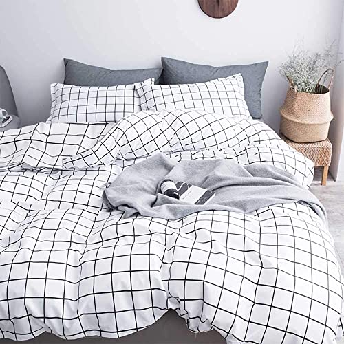 Faincy Full Comforter Set, White Black Grid Geometric Plaid Pattern Printed Reversible Comforter - Size 80 x 90 3PC Soft Microfiber Duvet Sets 2 Pillowshams Modern Bedding in a Bag for Women Men Teen Faincy