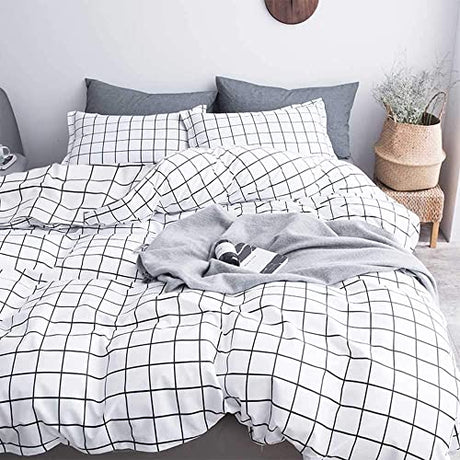 Faincy Full Comforter Set, White Black Grid Geometric Plaid Pattern Printed Reversible Comforter - Size 80 x 90 3PC Soft Microfiber Duvet Sets 2 Pillowshams Modern Bedding in a Bag for Women Men Teen Faincy