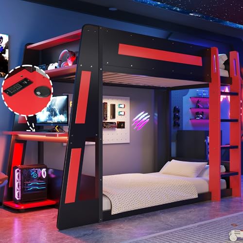 Twin Size Gaming Bunk Bed with Desk & LED Light & Charging Station,Twin over Twin Wood Loft Bed Frame with 2 Storage Shelves & Safety Guardrails & Ladder for PC & Console Gamers Bedroom,Black Red FUvellamo