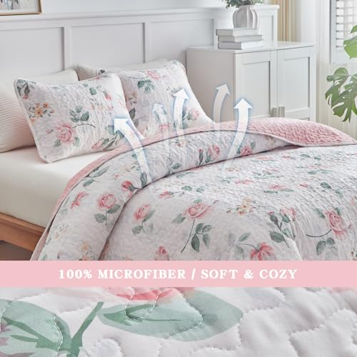 Floral Quilt Set Twin Size 68x86 with Pink Yellow Flower Soft Microfiber Lightweight Coverlet Bedspread Reversible Summer 2pc Quilted Bedding Set Bed Cover for All Season (1 Quilt+ 1 Shams) UOZZI BEDDING