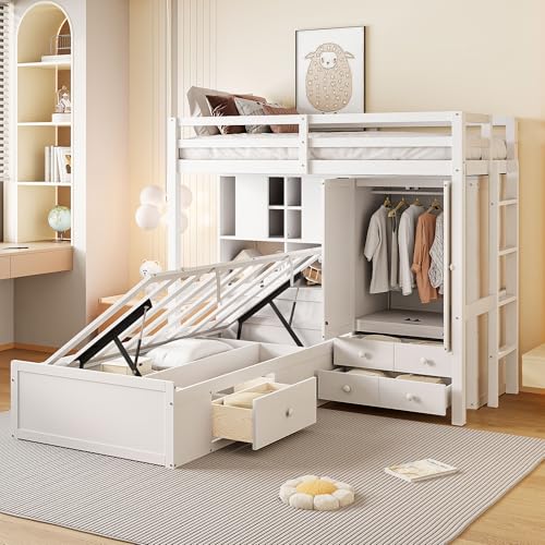 Ball & Cast Twin Size Bunk Bed with Hydraulic Bed & Storage Area,Wood Loft Beds w/Drawers and Wardrobe,Shelves,Space-Saving Bedframe w/Ladder,Full-Length Guardrail,for Apartment,Bedroom,White Ball & Cast