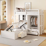 Ball & Cast Twin Size Bunk Bed with Hydraulic Bed & Storage Area,Wood Loft Beds w/Drawers and Wardrobe,Shelves,Space-Saving Bedframe w/Ladder,Full-Length Guardrail,for Apartment,Bedroom,White Ball & Cast