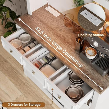 GarveeHome 72" Farmhouse Coffee Bar Cabinet with Sliding Barn Door, LED Lights & Power Outlets, Tall Kitchen Buffet Hutch with 3 Drawers & Wine Glass Rack, Ample Storage for Home Bar, White GarveeHome