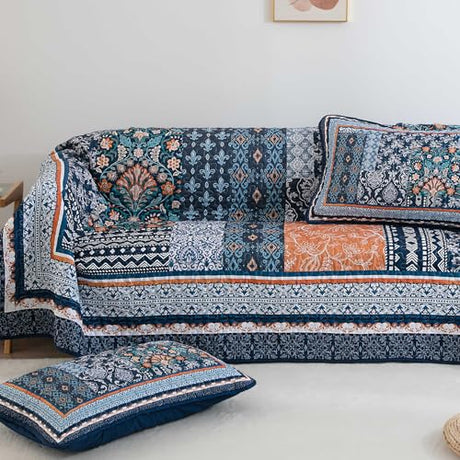 WONGS BEDDING Navy Blue Quilt Set King Size,Bohemian Patchwork Bedspread Coverlet Set, Reversible Farmhouse Floral Pattern Bedspreads Bedding Set for All Seasons (104"x90") WONGS BEDDING