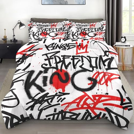 Pamnest Comforter Set Full Size, City Graffiti Red Black Funny Soft 3 Pcs Bedding for Kids and Adults, Abstract Paint Comforter Set with 2 Pillowcases, for Bedroom Bed Decor Pamnest