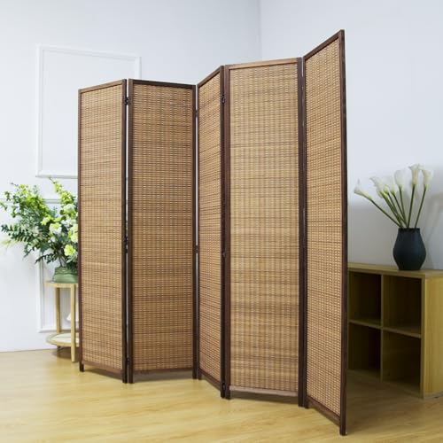 Pawlabay 5 Panel Bamboo Room Divider Screen,5.6 FT Tall Bamboo Divider Folding Privacy Screen,Freestanding Panel Divider for Room Seperation,Brown PawlaBay