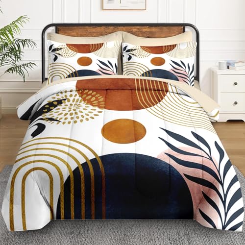 WeCozy 7 Pcs Full Size Comforter Set with 2 Pillowcases & 2 Shams, Mid Century Bedding for Adults, Sun Boho Geometric Leaf Bed in a Bag with Flat Fitted Sheet WeCozy