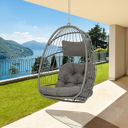 Brafab Wicker Rattan Hammock Egg Hanging Chair with Chain, Rusty Resistant Aluminum Frame and UV Cushion, Indoor Outdoor Bedroom Patio Porch Folding Camping Chair(Without Stand)