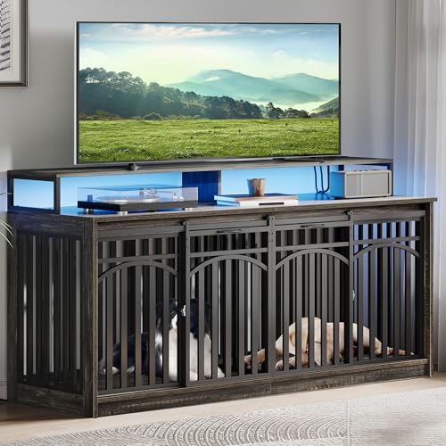 DWVO 71" Double Dog Crate Furniture with LED Light & Power Outlets, Heavy Duty Dual Dog Kennel TV Stand w Storage Shelves Sliding Doors, Wooden Two Dog Cage Table 2 Medium Large Dogs, Black Oak DWVO