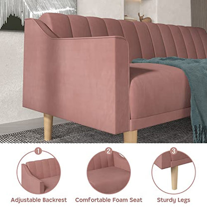 Velvet Futon Sofa Bed Couch, 74" Pink Convertible Sleeper Sofa, Loveseat Futon Couch with Adjustable Backrests, Couches for Living Room Bedroom Apartment