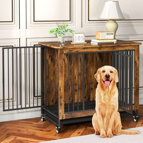 Advwin 38.6" Dog Crate Funiture with Removable Tray, Wooden Kennel Indoor, 2 Doors & 4 Wheels, Heavy Duty Sturdy Corner End Table, Cage for Small Medium Large Dogs, 38.6" L x 23.4" W x 32" H, Brown