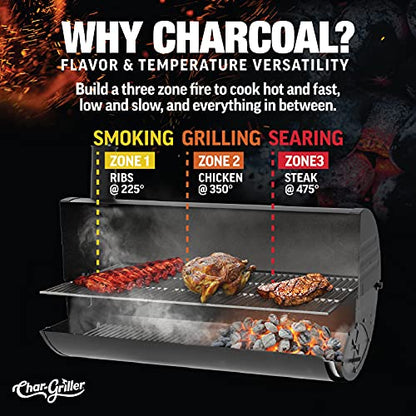 Char-Griller® Patio Pro Charcoal Grill and Smoker with Cast Iron Grates, Premium Wood Shelf and Damper Control, 250 Cooking Square Inches in Black, Model E1515