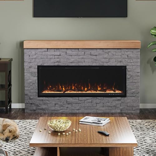 Modern Ember Wyman Linear Grey Stone Mantel Package with 50" Smart Electric Fireplace Heater Insert | Alexa/WiFi Enabled | Multi-Flame Colors & Brightness Modern Ember