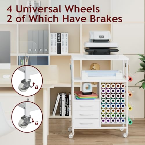 Homsorout Movable Heat Press Table - 6-Tier Heat Press Stand with Drawers and Vinyl Roll Holder, Craft Cabinet Table Compatible for Cricut Craft Cutting Machine Stand Workstation (White) Homsorout