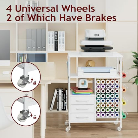 Homsorout Movable Heat Press Table - 6-Tier Heat Press Stand with Drawers and Vinyl Roll Holder, Craft Cabinet Table Compatible for Cricut Craft Cutting Machine Stand Workstation (White) Homsorout