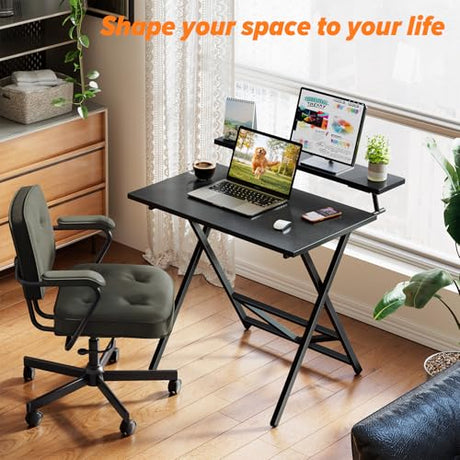 WOHOMO Folding Computer Desk with Adjustable Height, 23.6" x 31.5" x 25.6" Foldable Table with Monitor Stand, Small Office Desk for Bedroom, Space Saving Desk for Home Office, Easy Assemble, Black WOHOMO