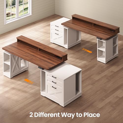 SEDETA Farmhouse Electric Standing Desk, 55" Height Adjustable Computer Desk with 3 Drawers, File Cabinet, Storage Shelves, Power Outlets, Wood Home Office Desk for Work, Study, Writing, White SEDETA