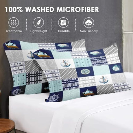 WeCozy Twin Size Comforter Set with Pillowcase, Nautical Blue Marine Summer 2 Pcs Bedding for Kids and Adults, Sea Ocean Boat Plaid Soft Comforter Set for Bedroom Bed Decor WeCozy