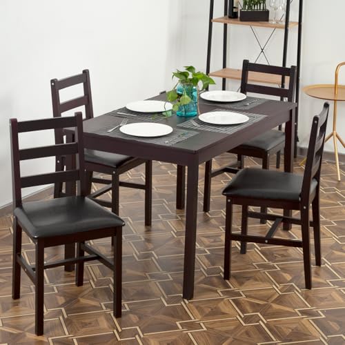 FDW | 5-Piece Solid Wood Dining Table Set for 4 | Brown | Pine Kitchen Table with Upholstered Chairs | Space-Saving Design | Smooth Easy-to-Clean Surface | for Dining Room, Apartment, Restaurant FDW