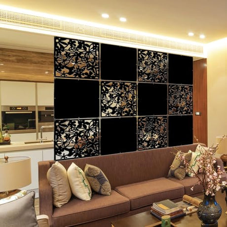 LRZCGB Hanging Room Divider,12pcs PVC Black Panel Screen Solid for Decorating Living, Dining, Study and Sitting-Room, Hotel(Black+Solid Board) LRZCGB
