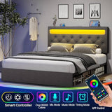 Rolanstar Full Size Bed Frame with Charging Station, LED Bed with Under Bed Storage, Adjustable Headboard 38.9/40.8 Inches, No Box Spring Needed, Noise Free, Easy Assembly, Grey Rolanstar