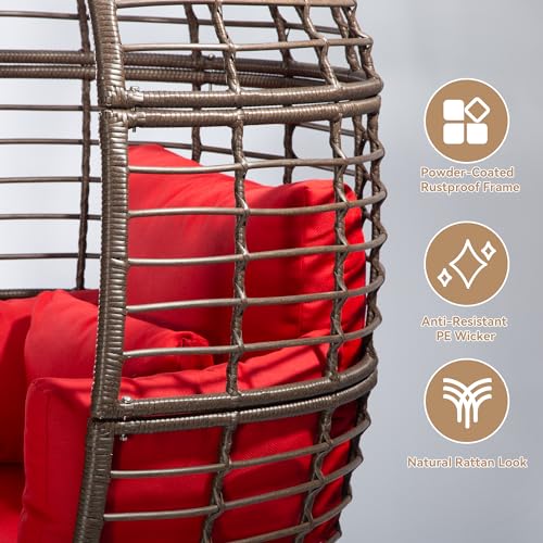 Gardenbee Wicker Egg Chair with Cushion, Indoor Outdoor Lounger for Patios, Living Room, PE Rattan Chair Steel Frame, Strong Load Capacity, Red Cushion Gardenbee