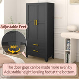 Metal Wardrobe Closet with 2 Doors & 2 Drawers, 71" Tall Armoire Wardrobe Closet with Hanging Rods and Adjustable Shelf, Steel Wardrobe Storage Cabinet for Bedroom-Black winiowa