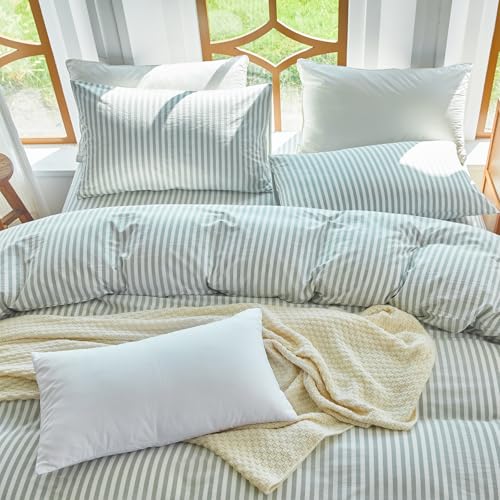 XINMIANFANG Striped Duvet Cover Set Full Size 3 Pcs 100% Washed Cotton Linen Like Textured Natural Wrinkle Comfy Breathable (Full, Classic Stripe-Sage Green/White) XINMIANFANG