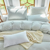 XINMIANFANG Striped Duvet Cover Set Full Size 3 Pcs 100% Washed Cotton Linen Like Textured Natural Wrinkle Comfy Breathable (Full, Classic Stripe-Sage Green/White) XINMIANFANG