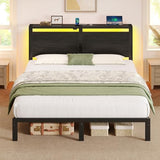 Rolanstar Full Size Bed Frame with Charging Station, LED Full Bed Frame with Wood Storage Headboard, Platform Bed with Metal Slats & Under Bed Storage, No Box Spring Needed, Noise Free, Black Oak Rolanstar