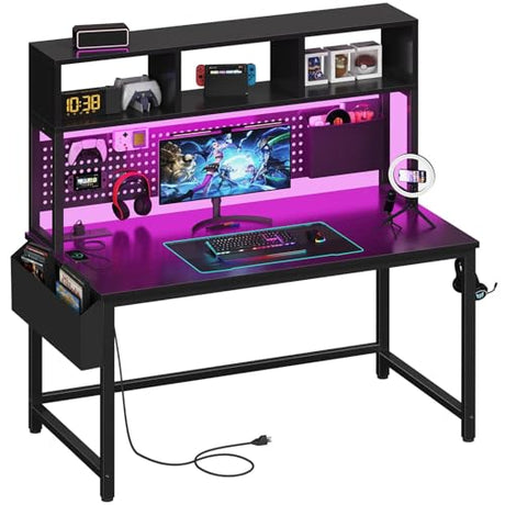 DLisiting Black Gaming Desk with Hutch and Pegboard - 47 Inch Gaming Desk with Shelves Storage Power Outlets, Computer Teen Work Study Writing Desks for Bedroom Home Office DLisiting