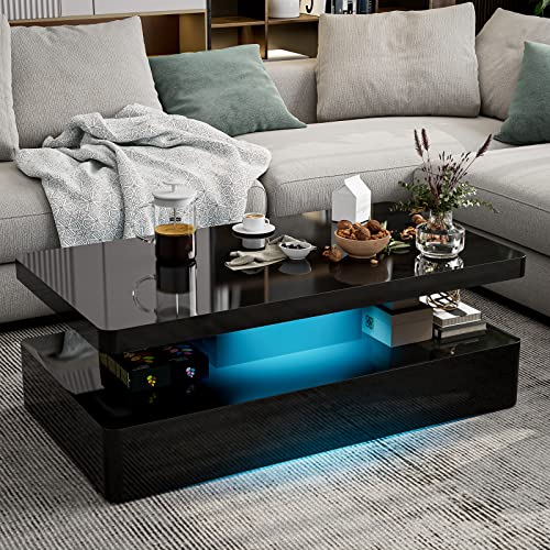 IKIFLY Modern High Glossy Coffee Table, Black Coffee Table for Living Room, Contemporary Rectangle Design Coffee Table with 16 Colors LED Lights, 2 Tiers IKIFLY