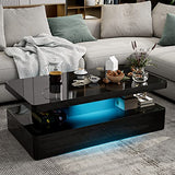 IKIFLY Modern High Glossy Coffee Table, Black Coffee Table for Living Room, Contemporary Rectangle Design Coffee Table with 16 Colors LED Lights, 2 Tiers IKIFLY