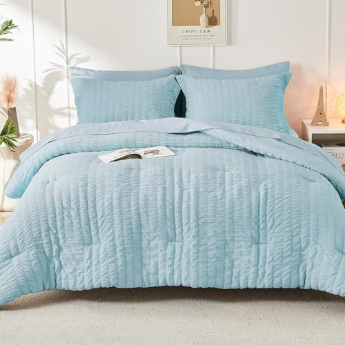 HYMOKEGE Lake Blue Queen Comforter Set Seersucker 7 Pieces, All Season Luxury Bed in a Bag for Bedroom, Bedding Set with Comforters, Sheets, Pillowcases & Shams HYMOKEGE
