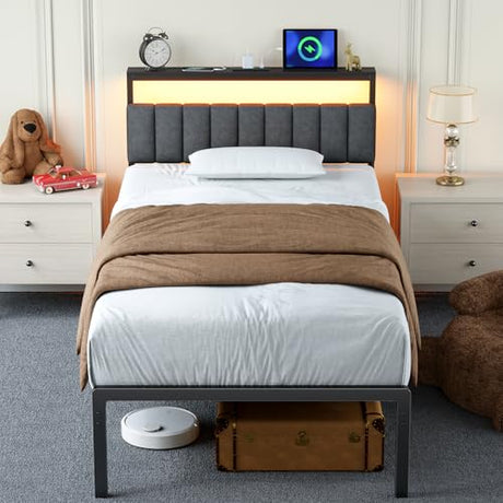 Woanke Twin Bed Frame With Headboard Upholstered, Twin Frame with LED & Charging Station, Twin Metal Bed Frame Assemble Easily, Noise-Free Bed Frame Twin, Black Twin Bed Frames for Kids & Adults,Black Woanke