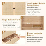 Brafab 74" Natural Rattan Woven Wardrobe Armoire Closet with Hanging Rod, Natural Wooden Armoires Storage Cabinet with Large Drawers and Adjustable Shelves, Tall Freestanding Wooden Closet for Bedroom Brafab