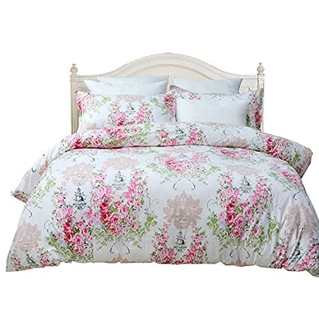 Usning Girls Bedding Floral Duvet Cover 3 Pieces 100 percent Cotton Vintage Rose Set Soft and Breathable Comforter with Zipper Closure Corner Ties, Twin Size(1 + 2 Pillowcases), Pink Usning