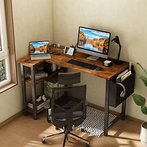 Lufeiya Small L Shaped Desk with Power Outlet Shelves, 40 Inch Corner Desk for Small Space Home Office, L-Shaped Computer Desk PC Desks with Charging Station, Rustic Brown - WoodArtSupply