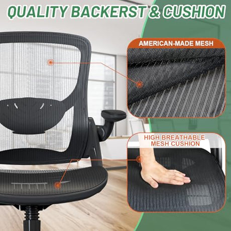 KIZECK Ergonomic Comfy Mesh Home Office Computer Desk Chair with Height Adjustable Lumbar Support with Flip up Arms for Adult KIZECK