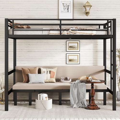 Full over Full Metal Bunk Bed with Guardrails, Convertible Loft Bed with Sofa & Lower Bed, Full Loft Bunk Beds can be Pulled out in 3 Sections for Teens, Adults, Bedroom, Black Harper & Bright Designs