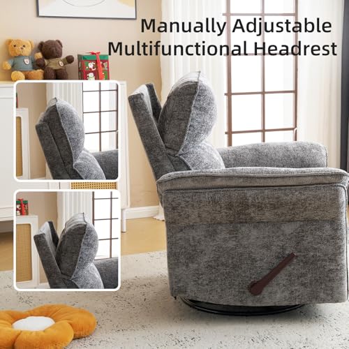 Rhevoy Oversized Glider Rocker Recliner, 26" Extra Wide 360° Swivel Nursery Recliner with Adjustable Headrest, Chenille Rocking Nursery Chair with Overstuffed Armrest, Lumbar Support, Dark Grey