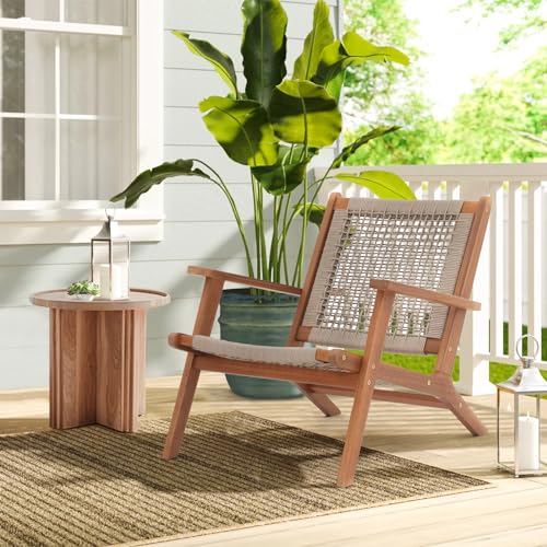 Verano Garden Set of 2 Patio Lounge Chair, Modern Acacia Wood Accent Armchair with Handwoven Rope for Patio,Living Room, Bedroom, Balcony (Beige)