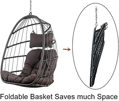 Brafab Wicker Rattan Hammock Egg Hanging Chair with Chain, Rusty Resistant Aluminum Frame and UV Cushion, Indoor Outdoor Bedroom Patio Porch Folding Camping Chair(Without Stand)