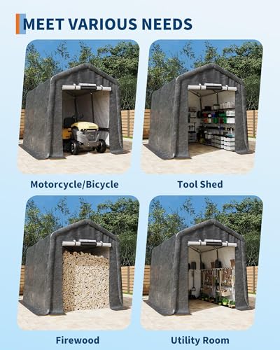 7X12 FT Heavy-Duty Portable Outdoor Storage Shed with Roll-Up Zipper Door & Vent, 240g Waterproof Carport Storage Shelter, UV-Resistant Canopy for Motorcycle, Firewood, Tools -Gray ﻿ ActiveTrail